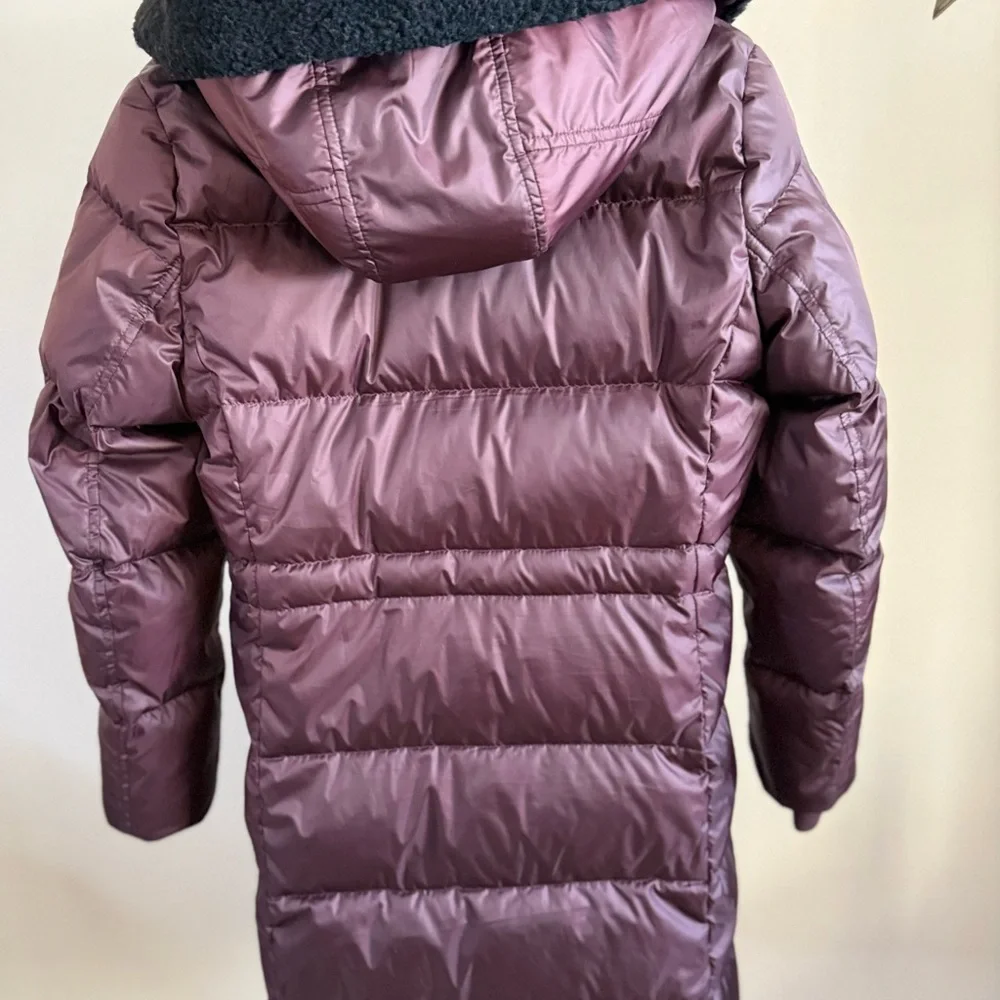 Coach Plum Down Puffer Coat Long Hooded Faux Fur Trim Small Winter - Picture 11 of 16